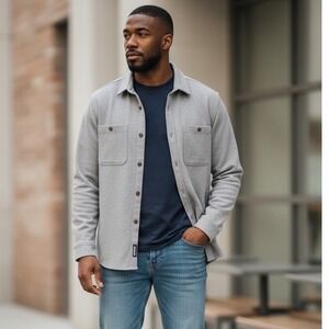 VRST Mens Long Sleeve Button Down Shirt Jacket Tan Knit Shacket Large